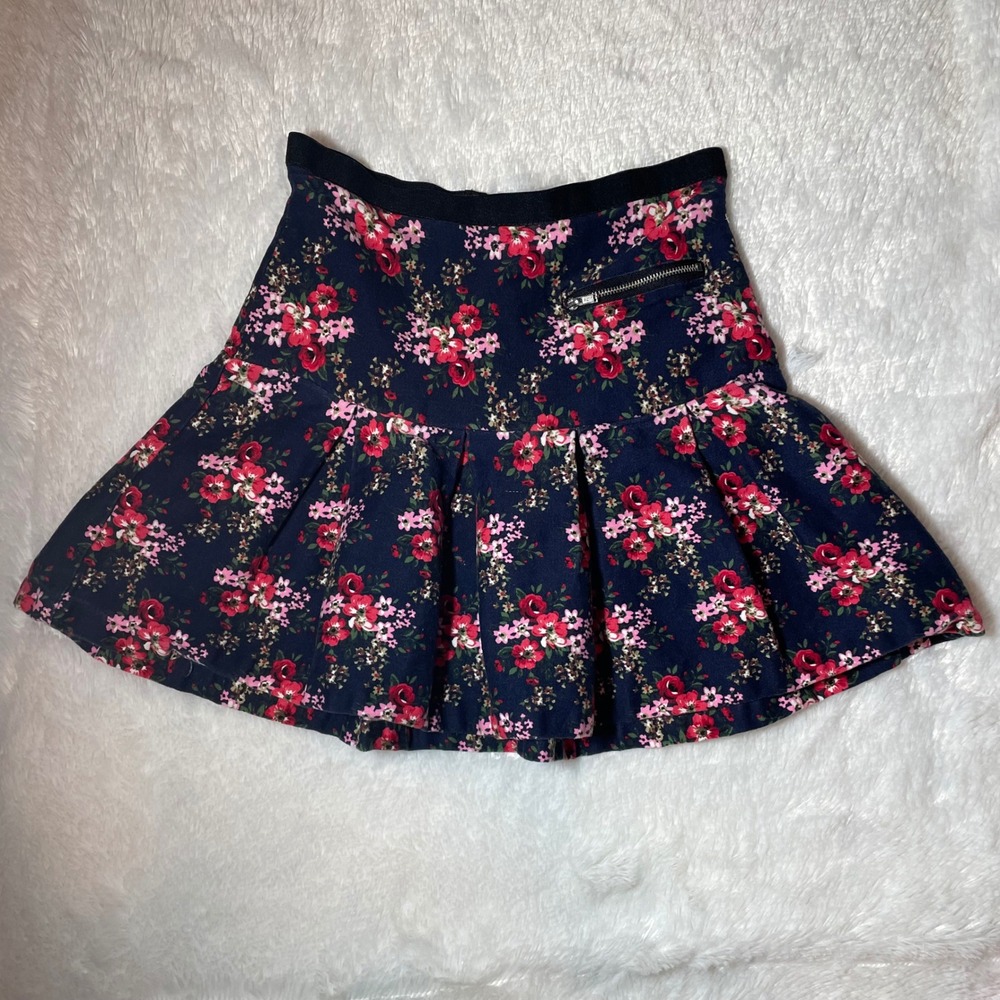 Kidpik Girls Navy Blue Floral Pleated Skirt Sz 12 Cotton Mini Cottagecore Y2K